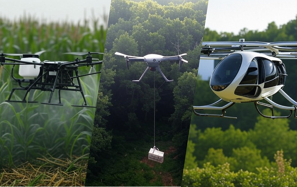 Header image with Agriculture ag-uav eVTOL, Cargo eVTOL and Passenger eVTOL