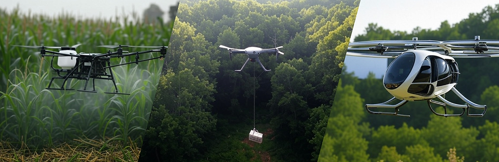 Header image with Agriculture ag-uav eVTOL, Cargo eVTOL and Passenger eVTOL