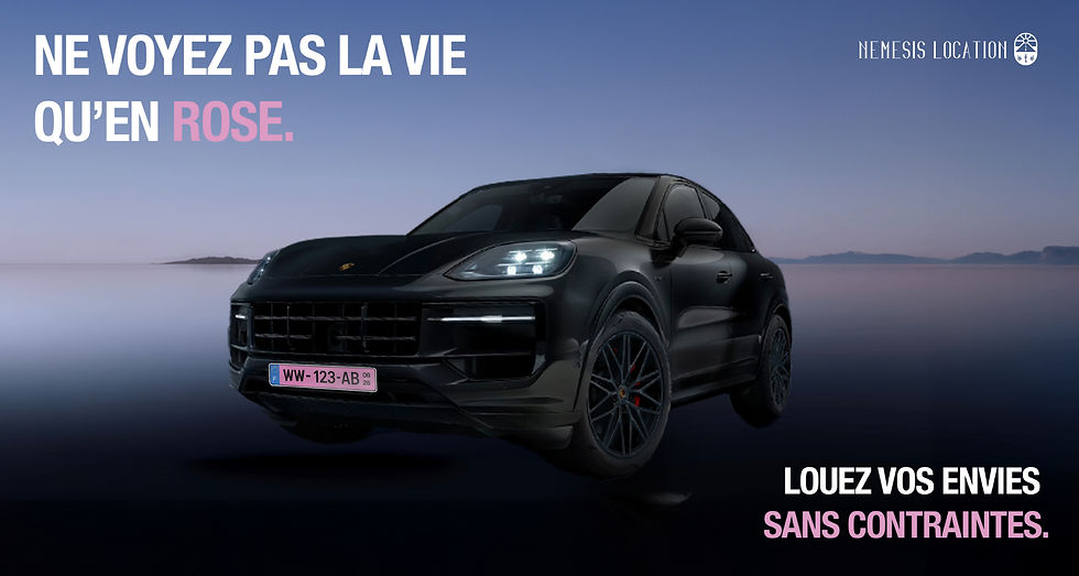 Publicité montrant un Porsche Cayenne full black posant avec une plaque rose d'immatriculation provisoire, avec un texte proposant de louer plutôt que d'acheter