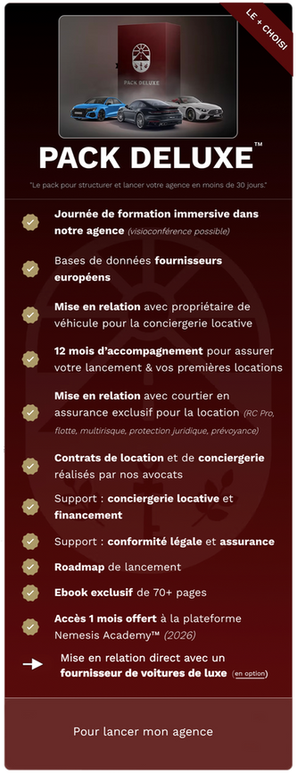 Pack d'accompagnement Deluxe, pour créer une agence de location de voiture de luxe, Nemesis location 