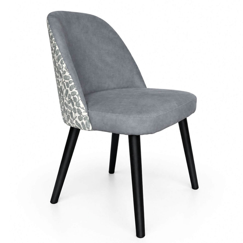 Customised specially by Target Furniture Ltd the Como sidechair in soft dark grey fabric for the inner back and seat and patterened white and grey back with dark stained legs.