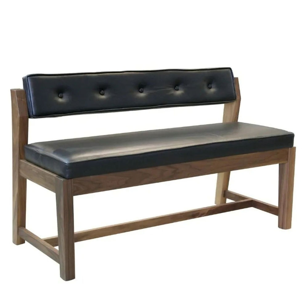 Bespoke design and UK manufactured medium oak stained bench with brown leather seat and deep buttoned back pad for contract use by Target Furniture Ltd.