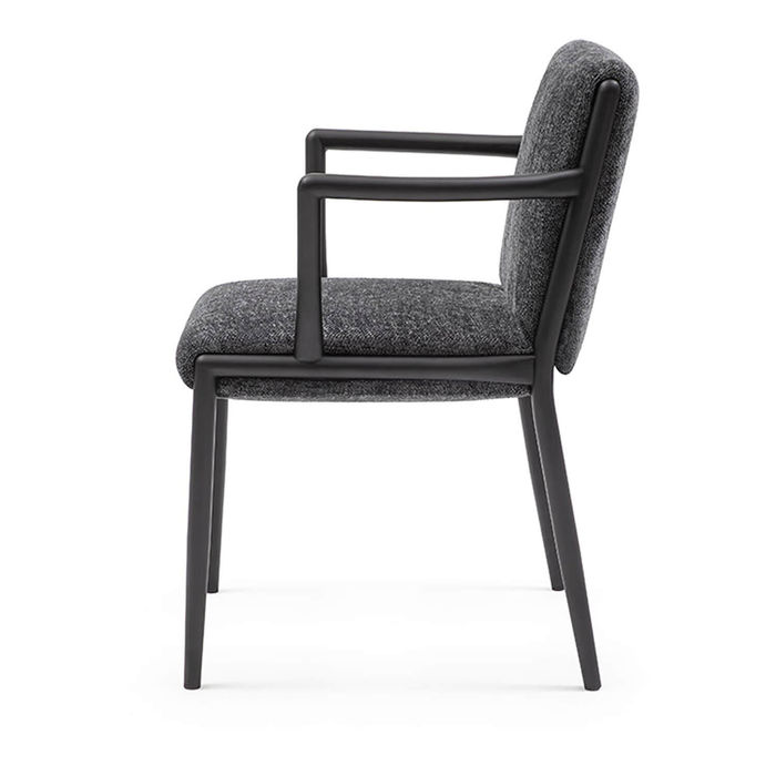 Dorothy Armchair (FM5901), side view with a painted black steel frame and dark grey upholstery.