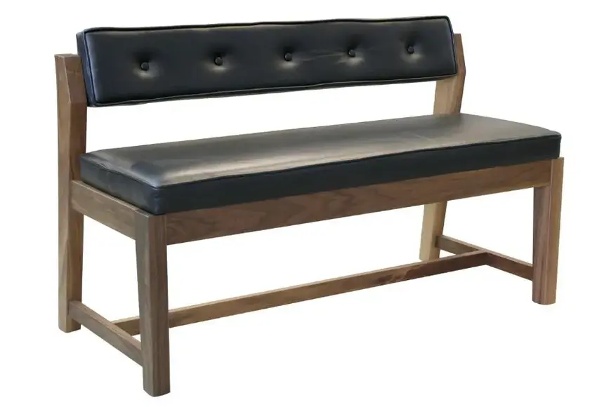 Bespoke wooden dining bench with dark buttoned leather upholstered pads by Target Furniture.