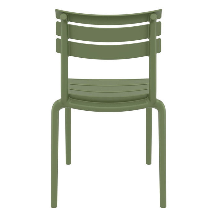 Back view of the Kerry Sidechair in Olive coloured recyclable Polypropylene both UV Protected and heat-resistant.