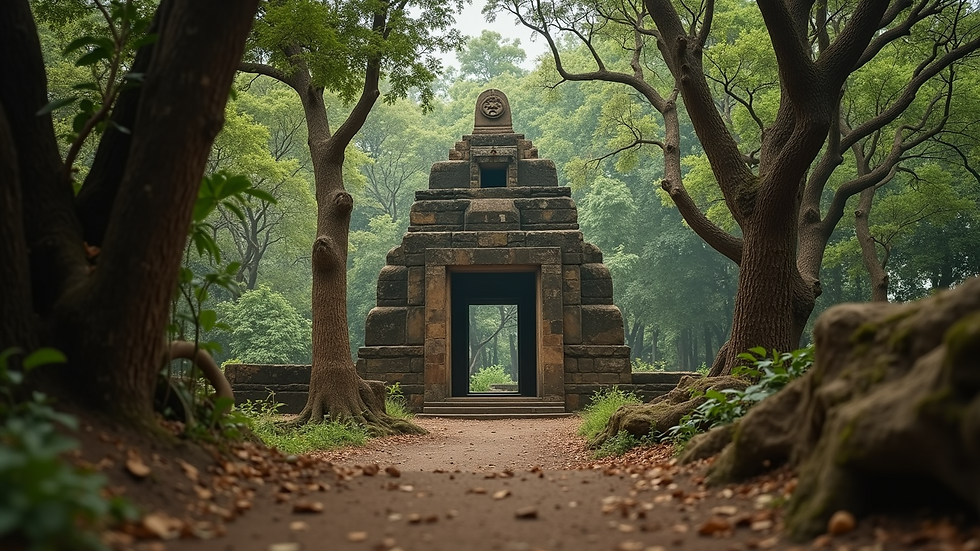 Eye-level view of an ancient Igbo shrine surrounded by sacred trees