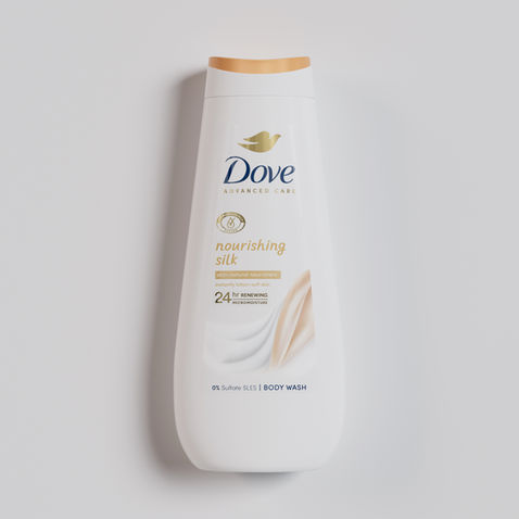 Render of a Dove Advanced Care Body Wash bottle on a white background.