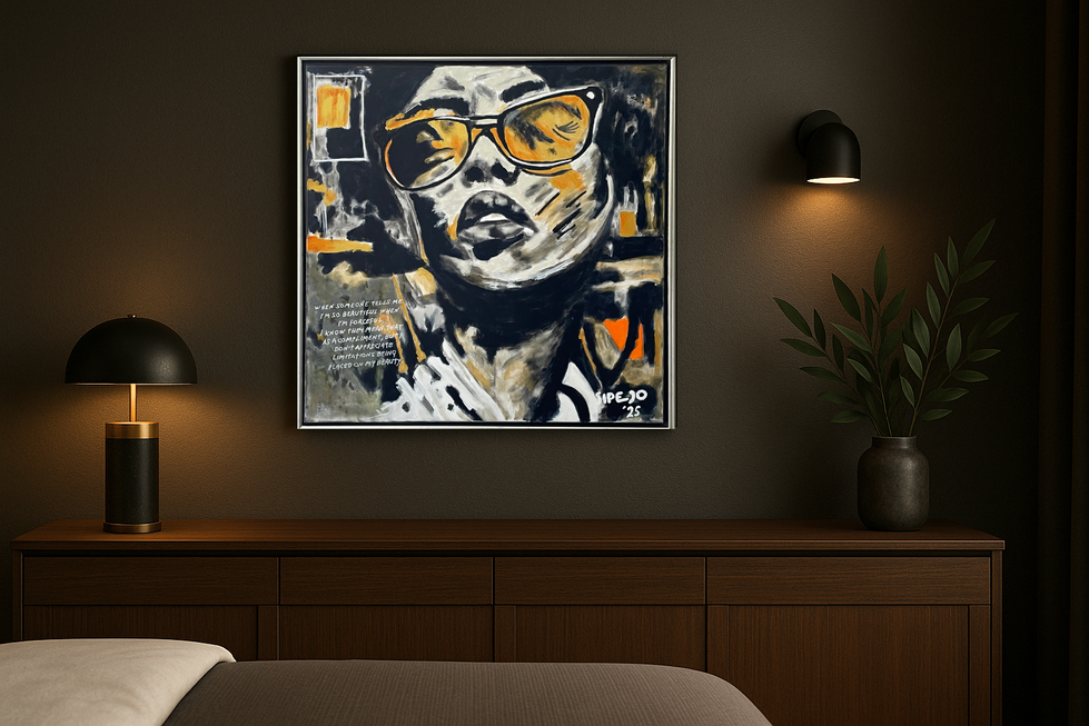 schilderij aan muur Vrouw zonnebril geel zwarte details