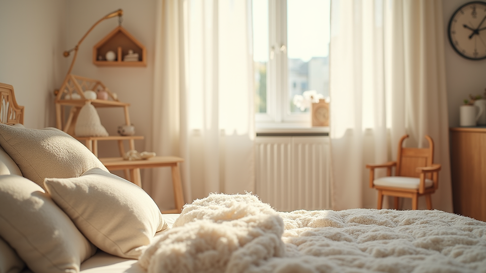 Eye-level view of a cozy nursery with soft lighting and baby essentials