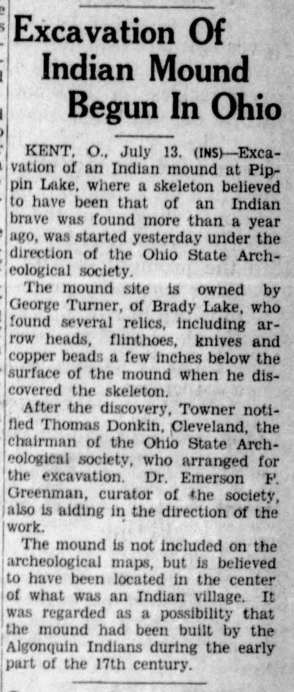 Towner Mound excavation newspaper article