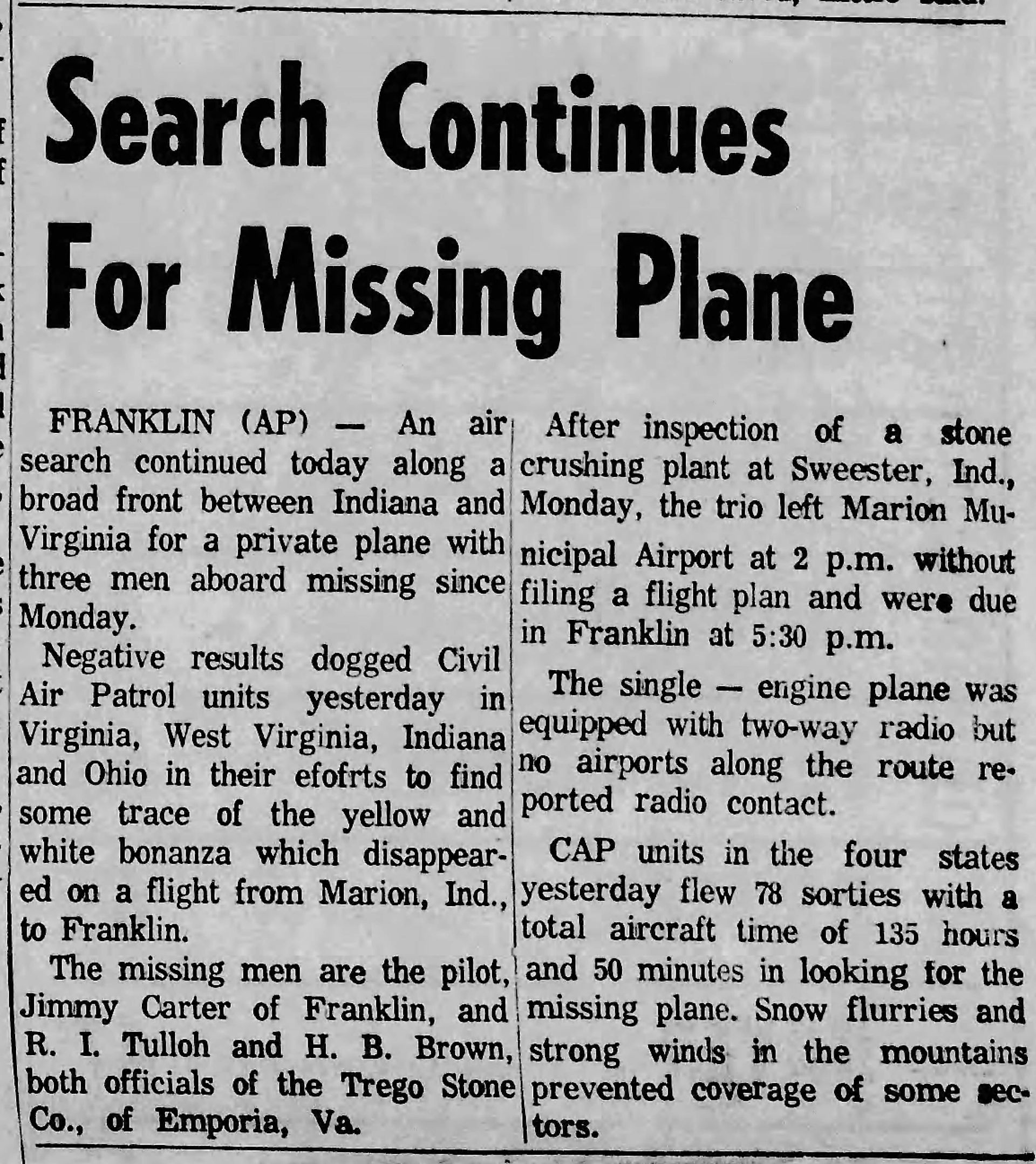 Dobie Mountain plane crash newspaper article