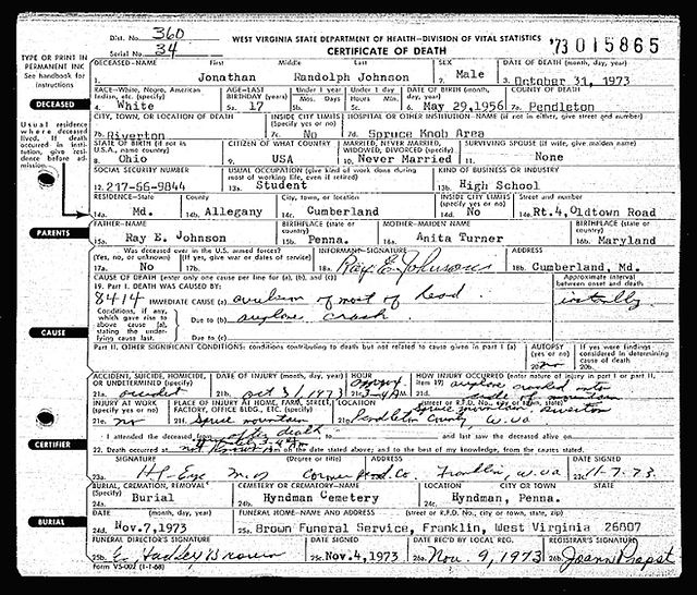 Spruce Knob plane crash victim death certificate