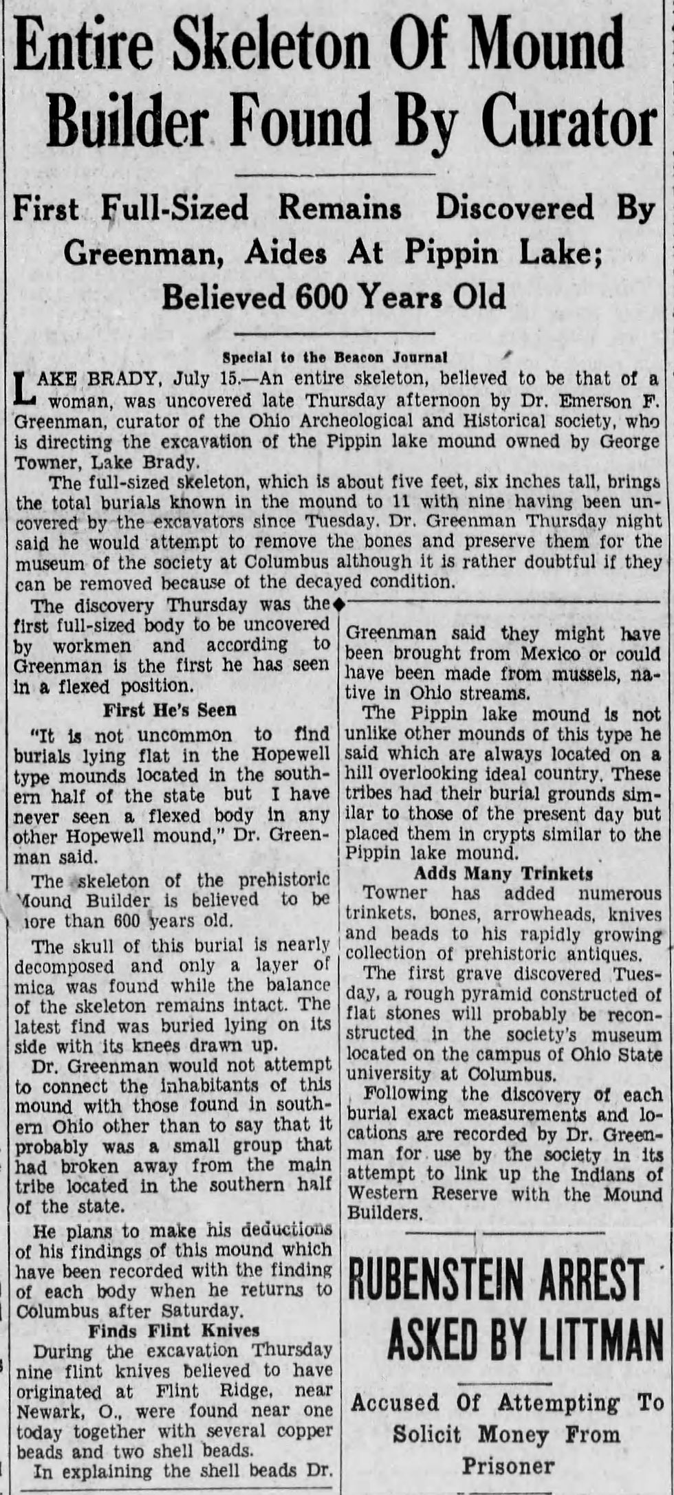 Towner Mound excavation newspaper article