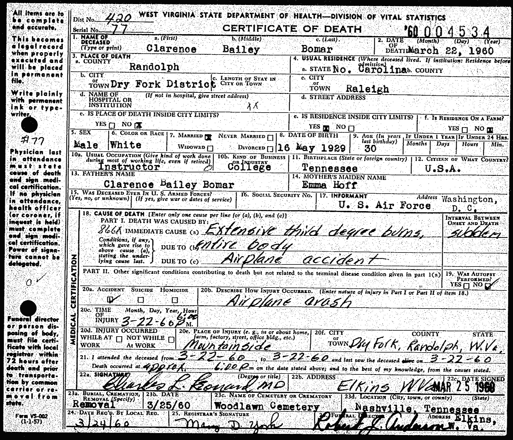 Laurel Fork South Wilderness plane crash death certificate