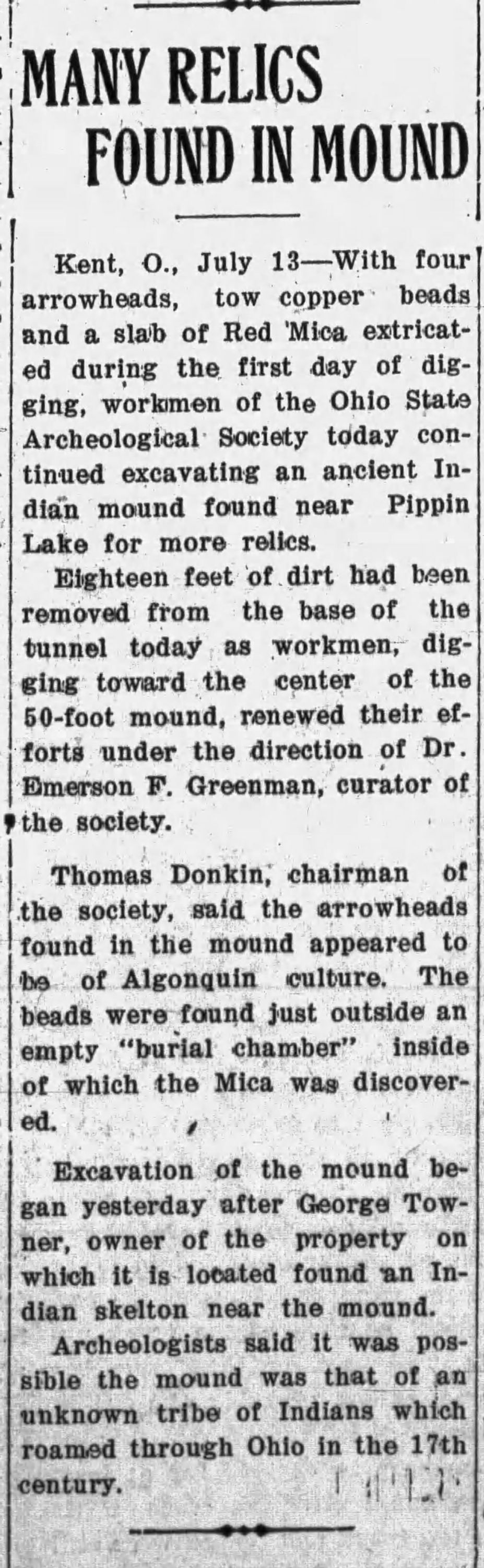 Towner Mound excavation newspaper article