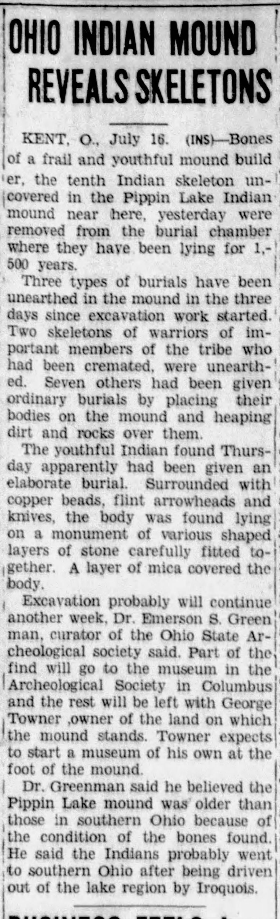 Towner Mound excavation newspaper article