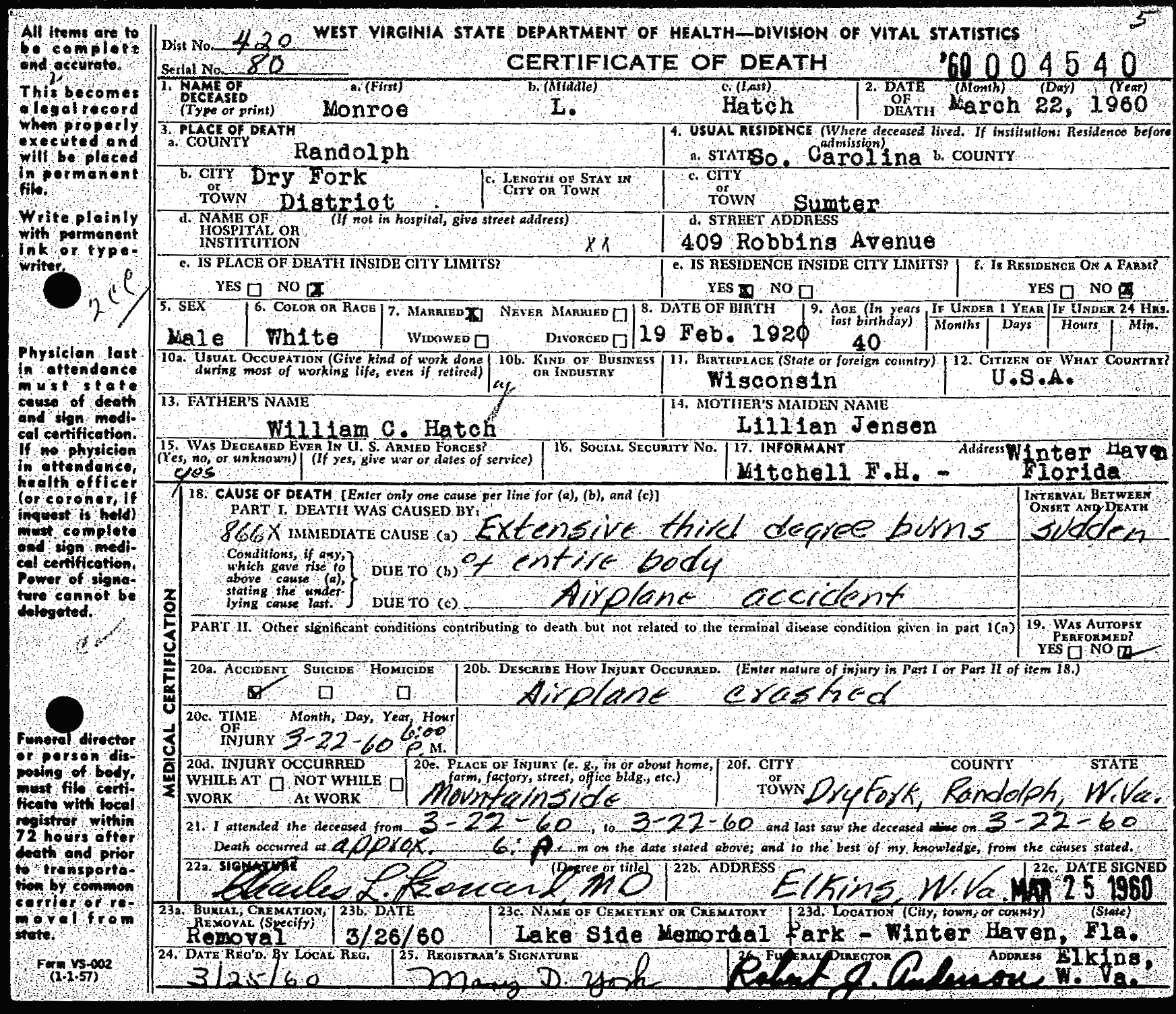 Laurel Fork South Wilderness plane crash death certificate