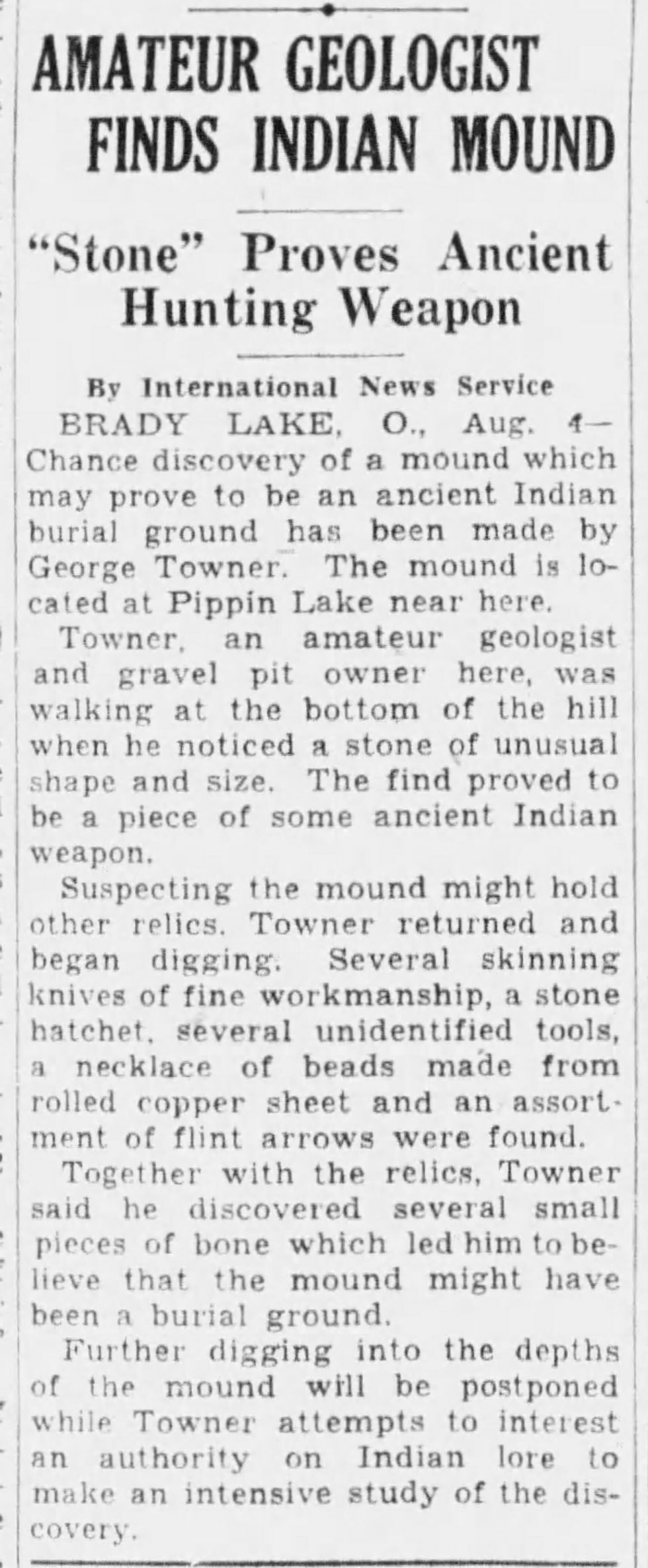 Towner Mound excavation newspaper article