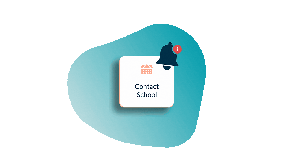 Animated sequence showing the LinkEDtohome "Contact School" feature: a notification bell appears, followed by a confirmation message thanking the user for getting in touch, then a school dashboard table listing parent queries with their status