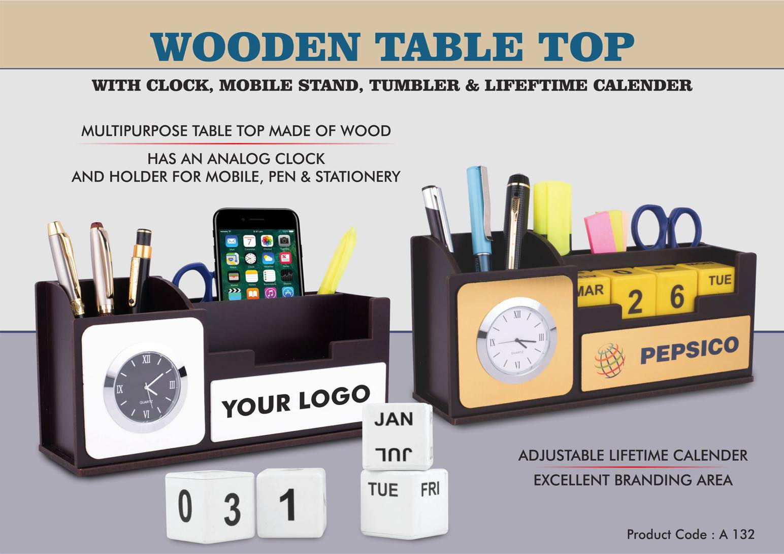 Wooden Table Top With Clock, Mobile Stand, Tumbler & Lifeftime Calender