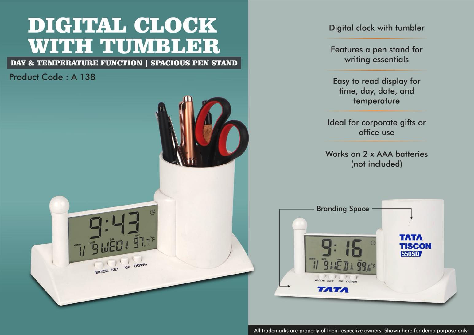Digital Clock
With Tumbler
Day & Temperature Function | Spacious Pen Stand