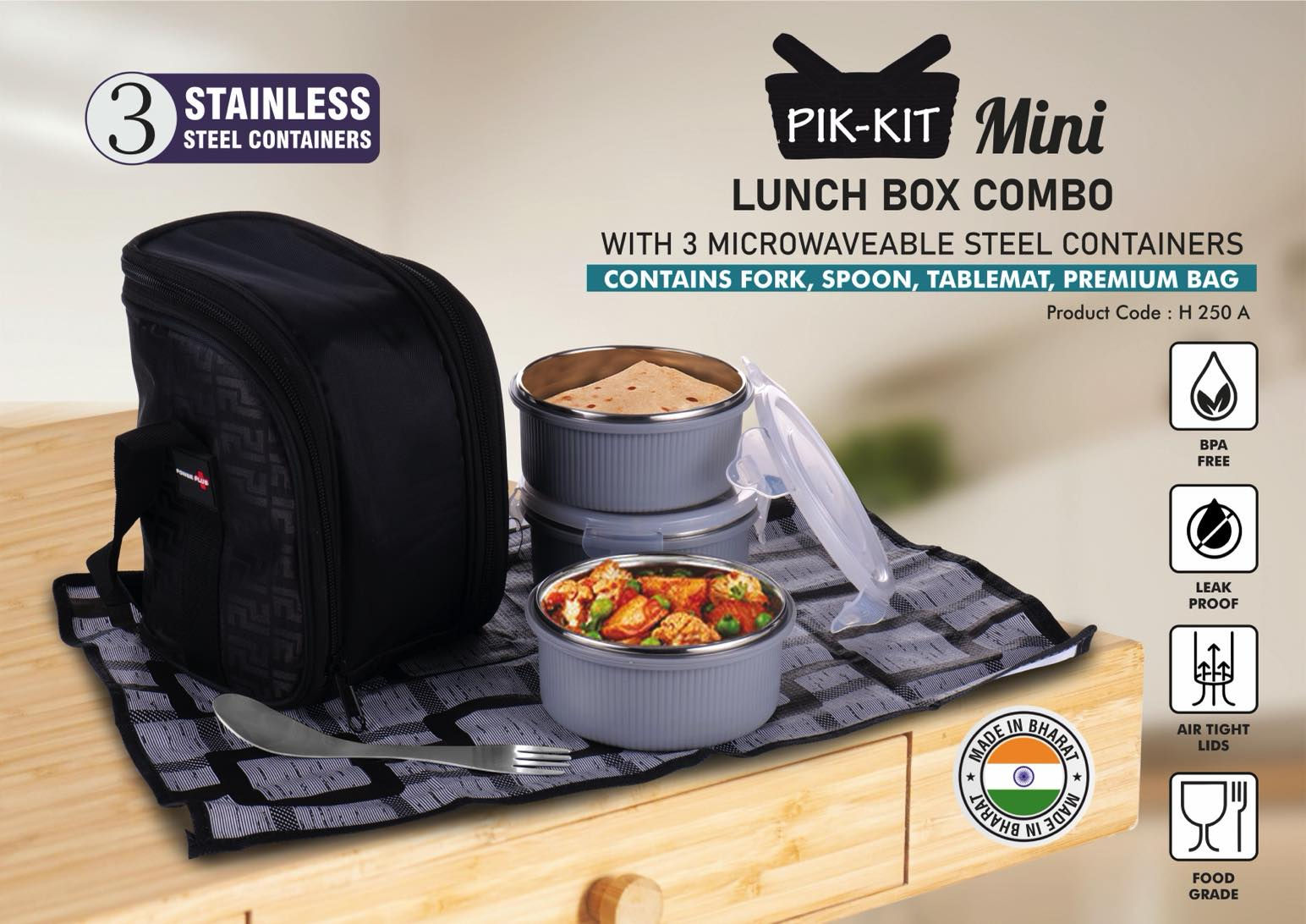 Pik-Kit Mini: Lunch Box Combo With 3 Microwaveable Steel Containers