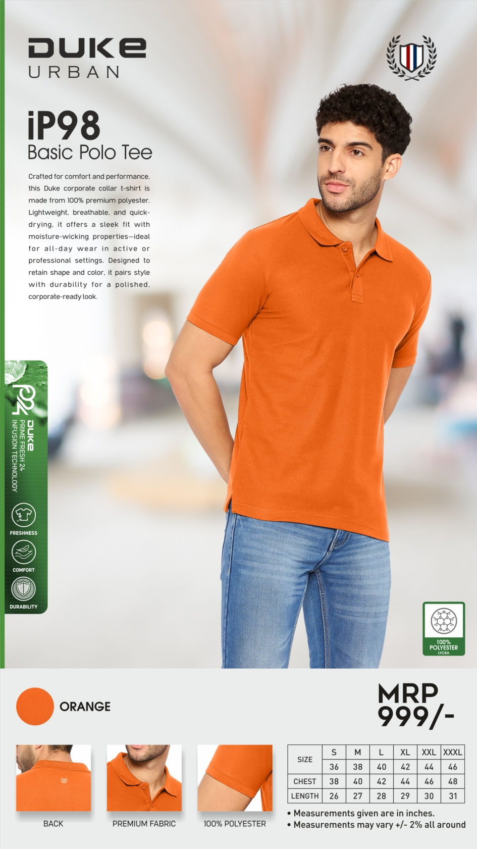 Thumbnail: DUKE|Polo / Collar T-Shirts|100% Polyester|IP98 ORANGE|D540|MRP Rs. 999