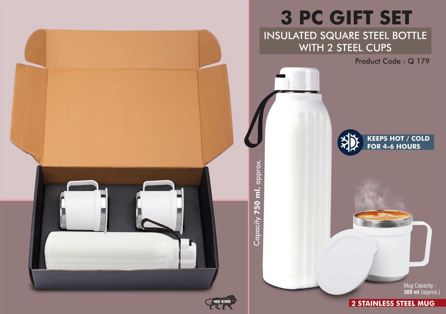 3 Pc Gift Set : Insulated Hexa Steel Bottle With 2 Steel Cups