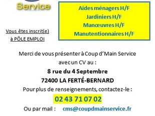 Coup d'Main Service - recrute Aides ménagers H/F - Jardiniers H/F - Manœuvres H/F - Manutentionnaires H/F
