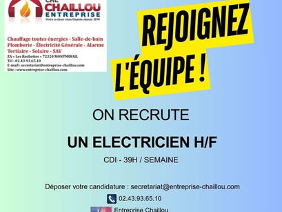 L’entreprise Chaillou recrute un électricien H/F en CDI (39h/semaine) à Montmirail !