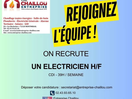 L’entreprise Chaillou recrute un électricien H/F en CDI (39h/semaine) à Montmirail !