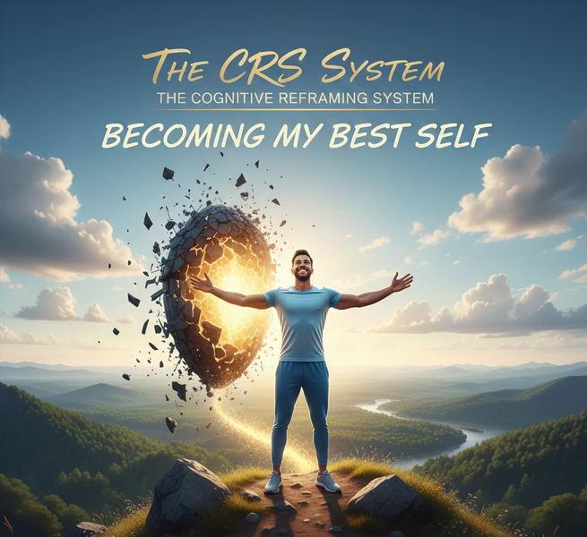 Triumphant man on a mountaintop breaking free from a dark, exploding obstacle, symbolizing the break