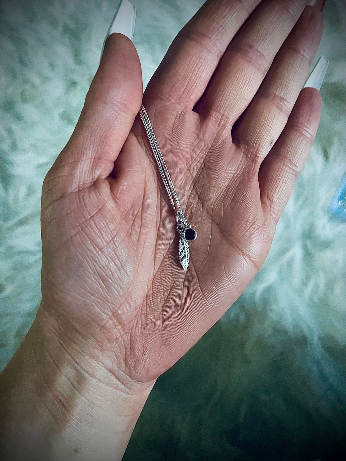 Sterling Silver Feather and Coloured Gem Charm Necklace