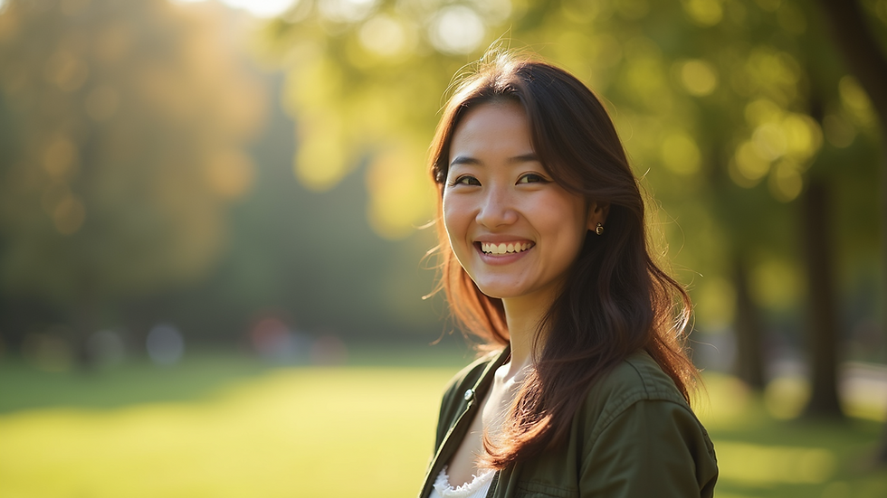 Close-up view of a person smiling while standing in a sunlit park