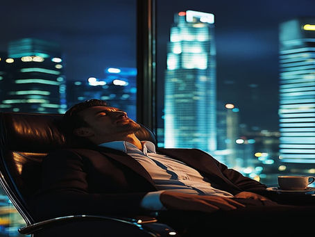  A Persian male  CEO sleeping in his chair at his desk in his Singapore office,  suffering from burnout, with Singapore skyline at night in the background