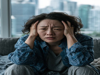 A stressed Chinese woman with her hands on her head in her downtown Vancouver condo, overlooking the city skyline