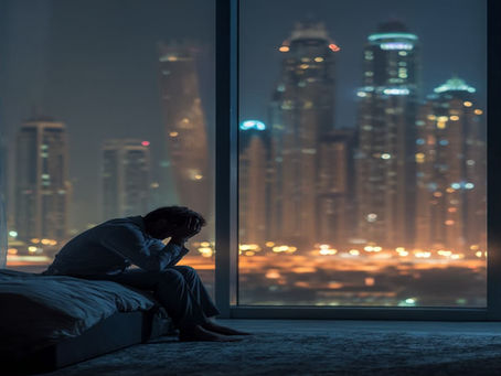  Exhausted Dubai professional sitting on his bed not able to sleep in his apartment in Dubai Marina