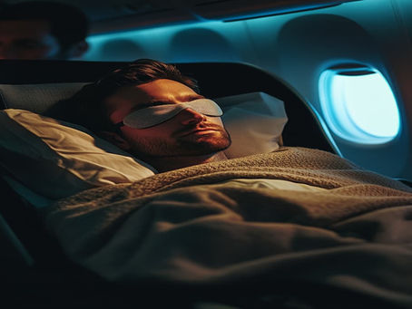 A British male entrepreneur, wearing an eye mask and blamket, sleeping deeply flying from Singapore to Canada