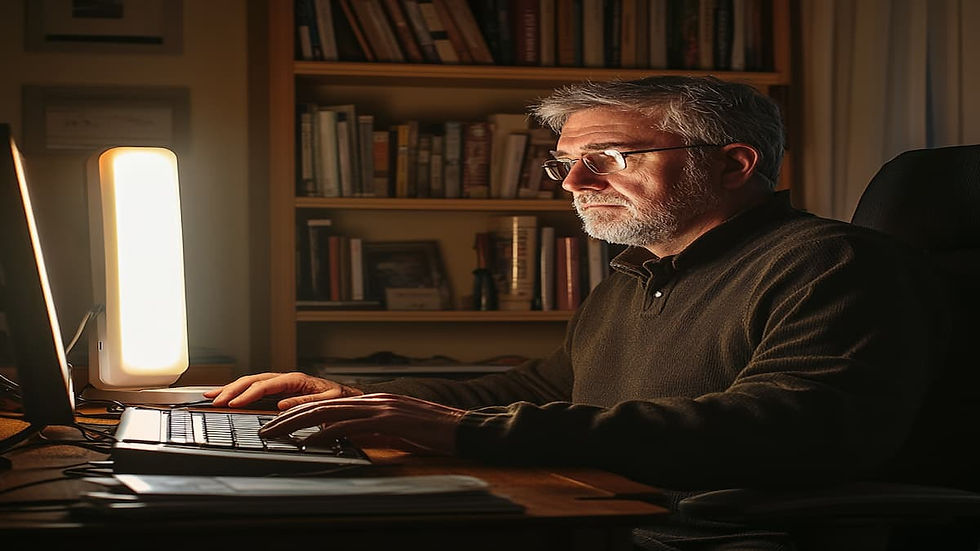 A Canadian man in his 50s working on his computer with a SAD white light lamp in Singapore