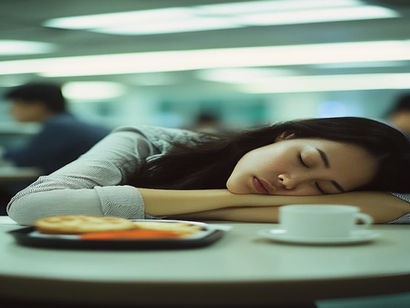 A Singaporian professional woman wearing business attire sleeping on the table at the cafeteria at work in Singapore because she can't sleep at night