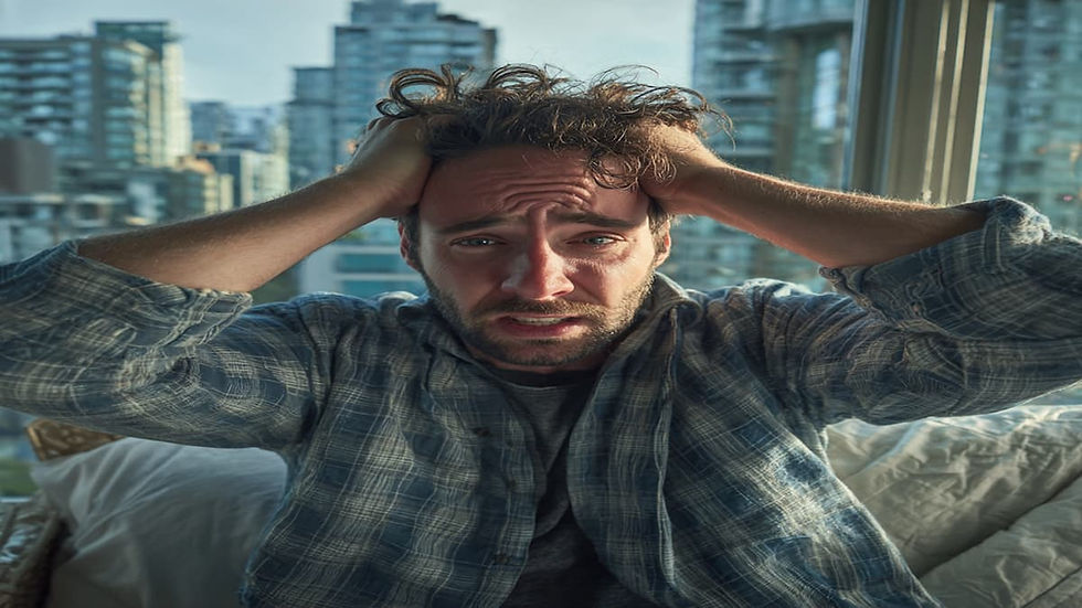 A Canadian male sitting on his couch with his hands on his head suffering from anxiety in downtown Vancouver BC