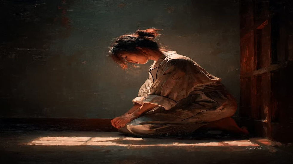 A woman sitting on the floor with her head bowed in soft light symbolizing the pain of heartbreak and the beginning of healing