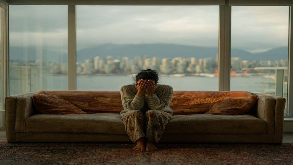 An Indian woman sitting on her orange couch in her west vancouver home with her hands on her face because she is depressed