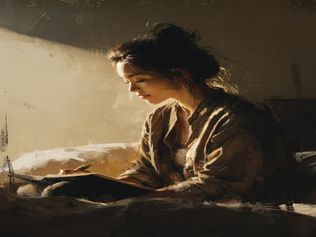 A woman sitting in soft light, journalling and reflecting , symbolizing healing and recovery after a breakup