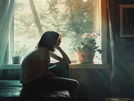 A woman sitting by a sunlit window, deep in thought, symbolizing reflection and transformation after a breakup