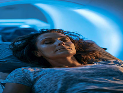 Woman under hypnosis lying relaxed inside an MRI scanner, eyes closed, soft blue lighting from the scanner