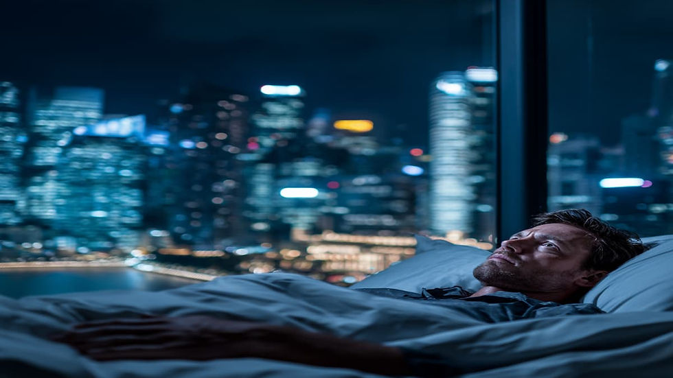 A Canadian male entrepreneur lying awake in bed suffering from sleep paralysis in his luxury Singapore apartment 