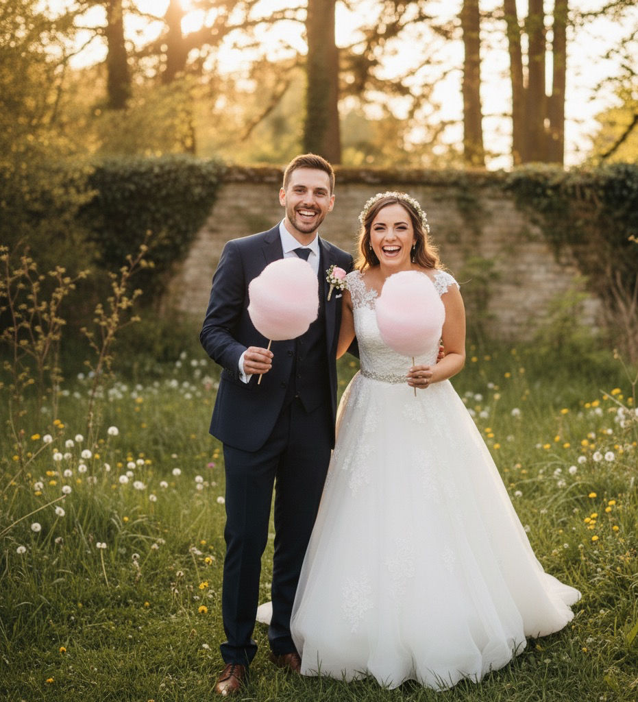 Bride and groom smiling, holding pink candy floss at Hardwick Hall Hotel. She wears a white gown, he a navy suit. Joyful mood.
