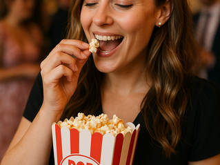 Woman smiling and eating popcorn at a wedding reception