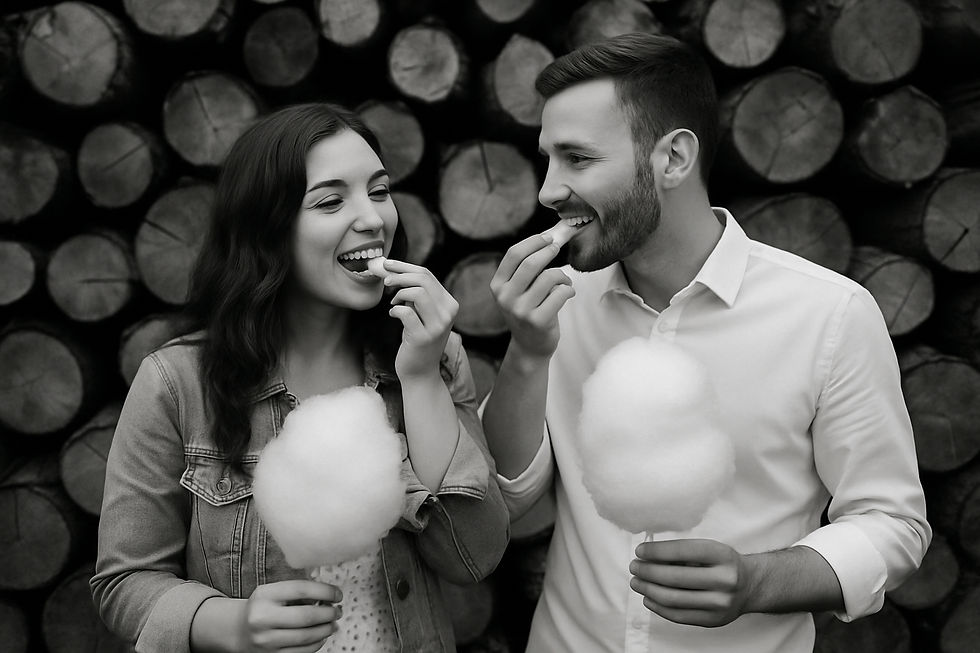 A couple enjoys fluffy candy floss at Lough House Farm, with a backdrop of stacked logs creating a rustic atmosphere.